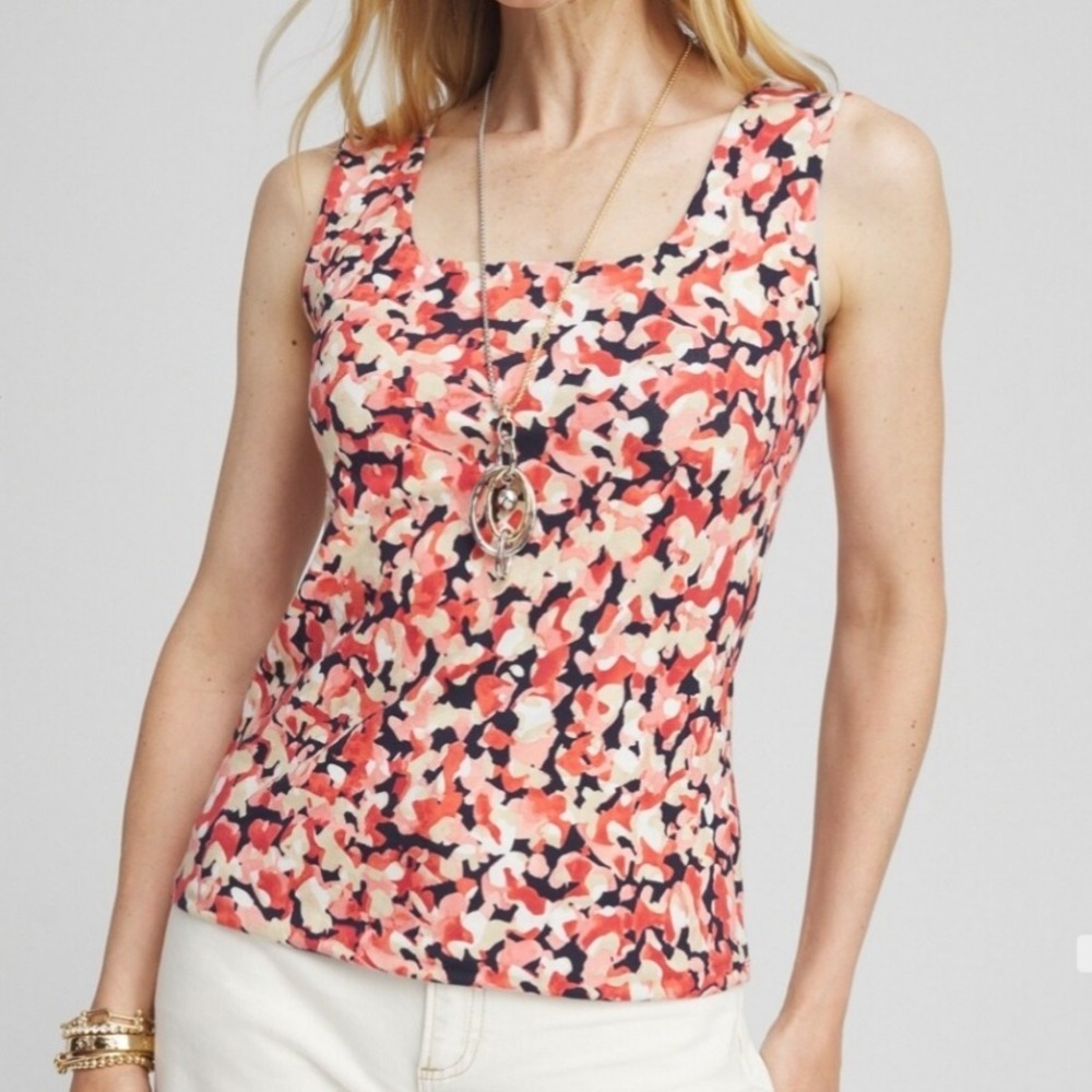 Chico's‎ Abstract Square Neck Tank Basic Knit Sleeveless Sz 4/XXL Coral Zinnia